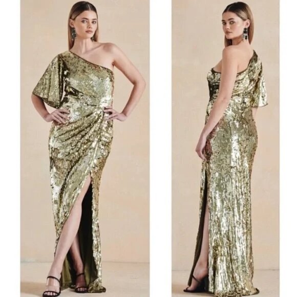 MAC DUGGAL One-Shoulder Sequin Column Gown in Gold Size US 12 NWT - Picture 2 of 15